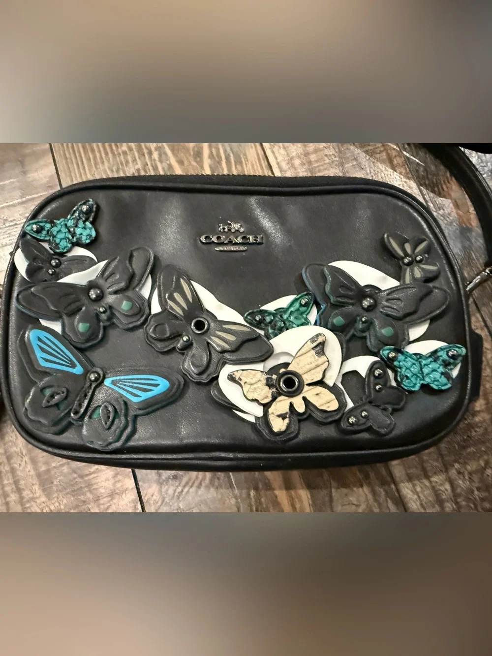 Coach Black Leather Crossbody with Multicolor Butterfly Appliqués